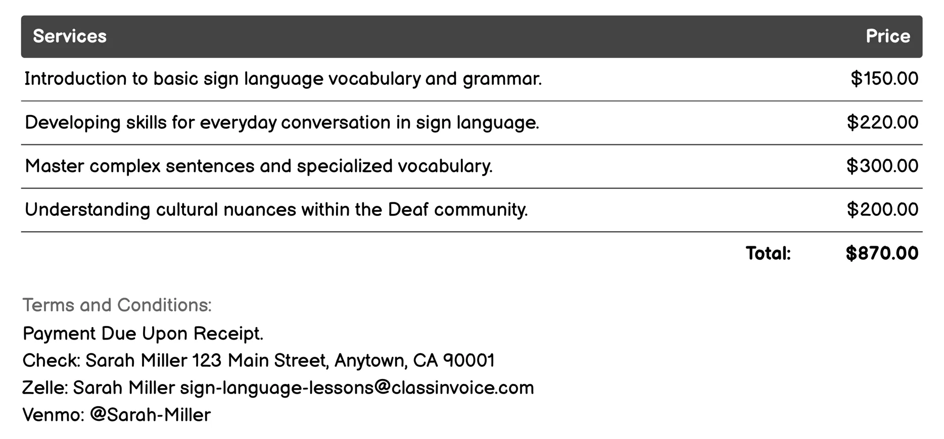 Sign Language Interpretation Training Invoice Example