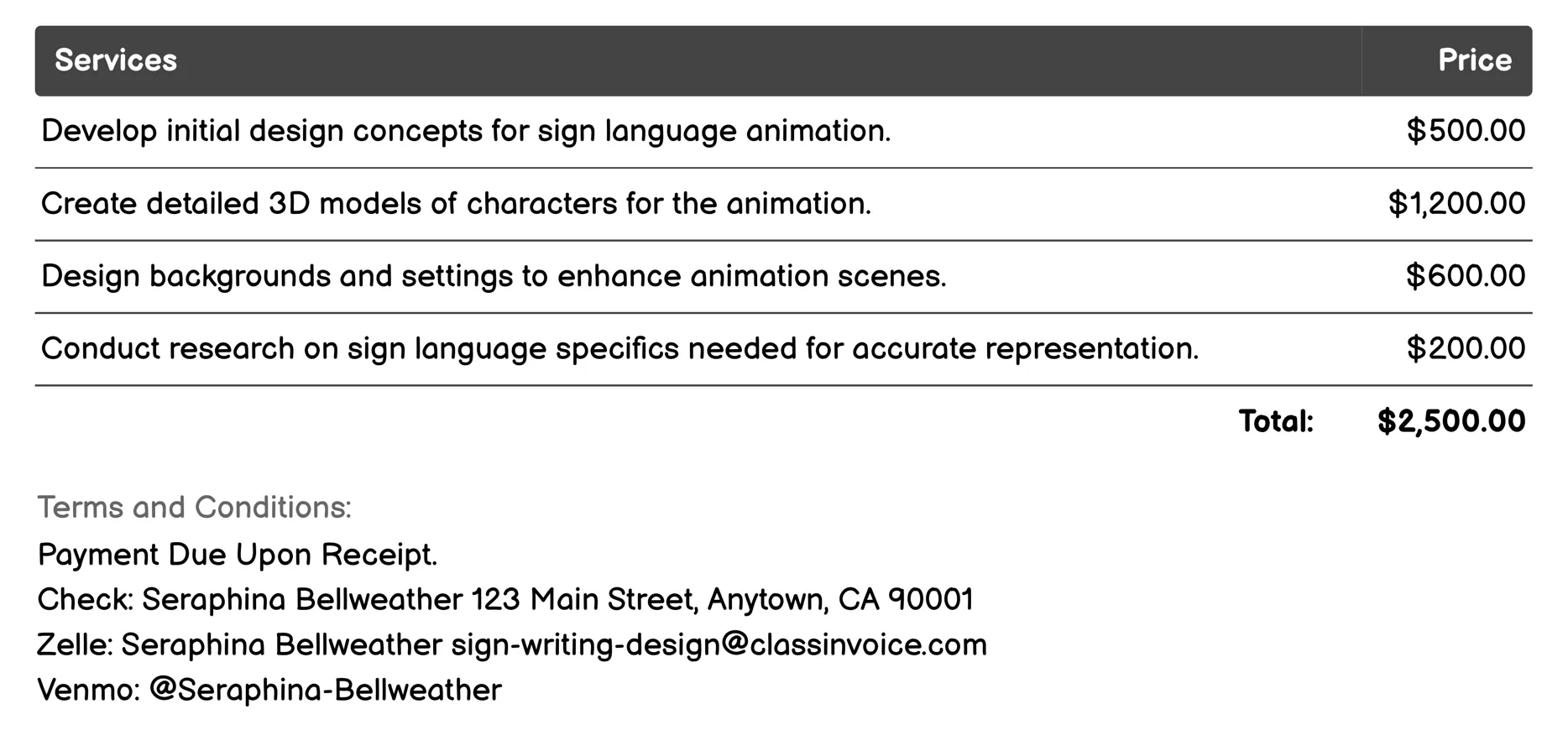 Sign Language Animation Invoice Example