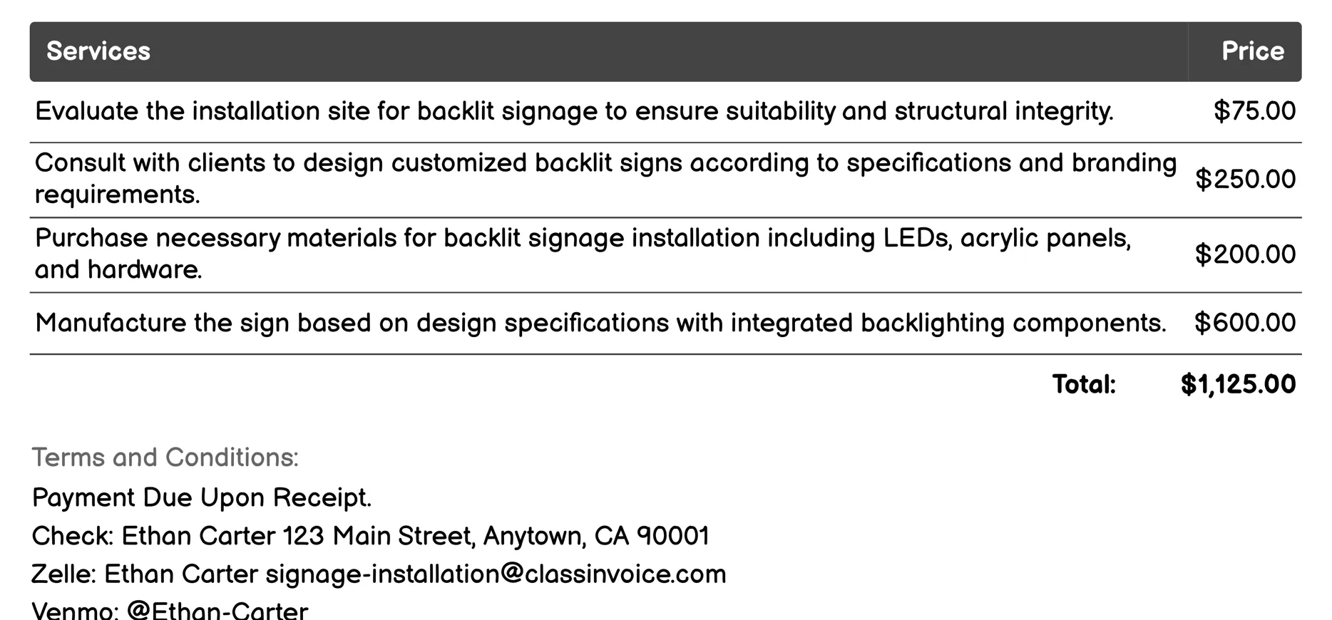 Backlit Signage Installation Invoice Example
