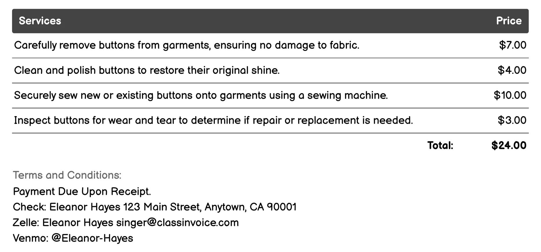 Button Repair and Replacement Invoice Example
