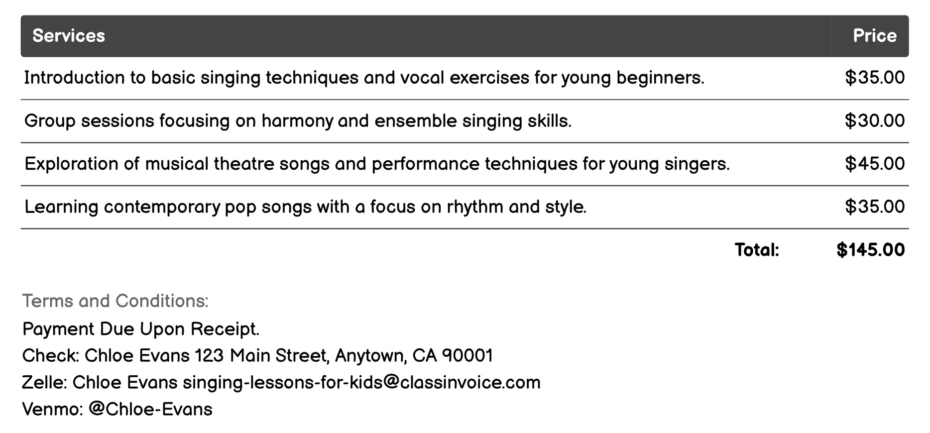 Group Singing Lessons Invoice Example