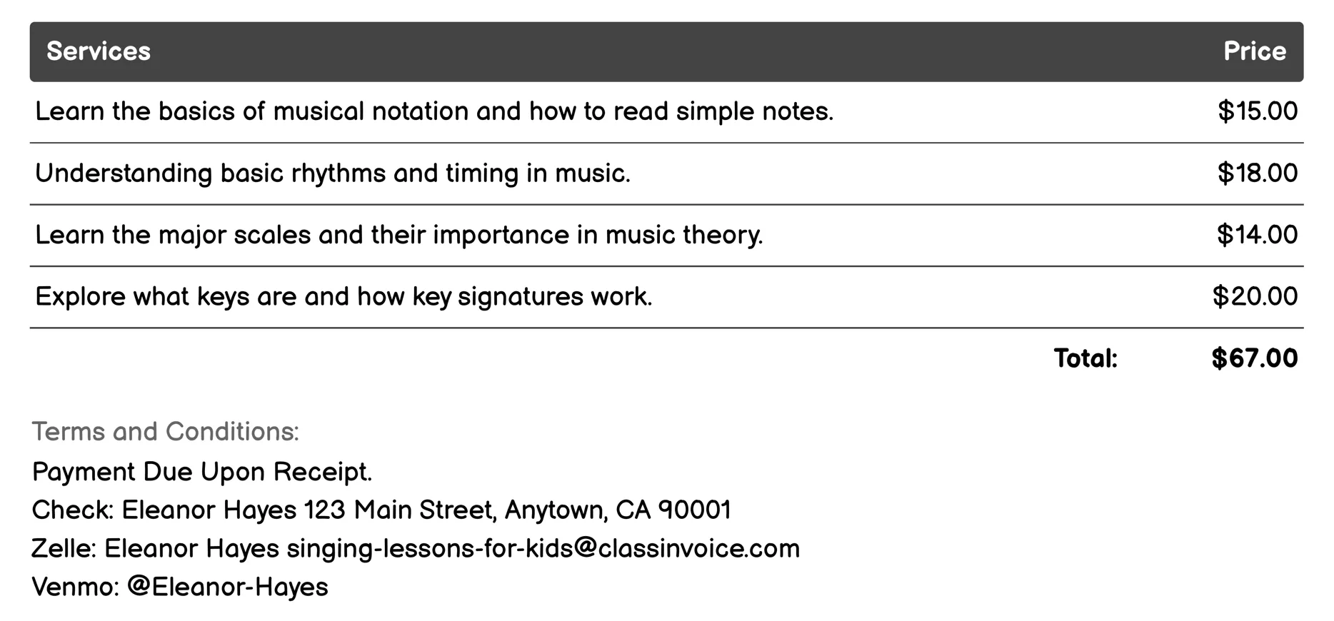 Music Theory Basics Invoice Example