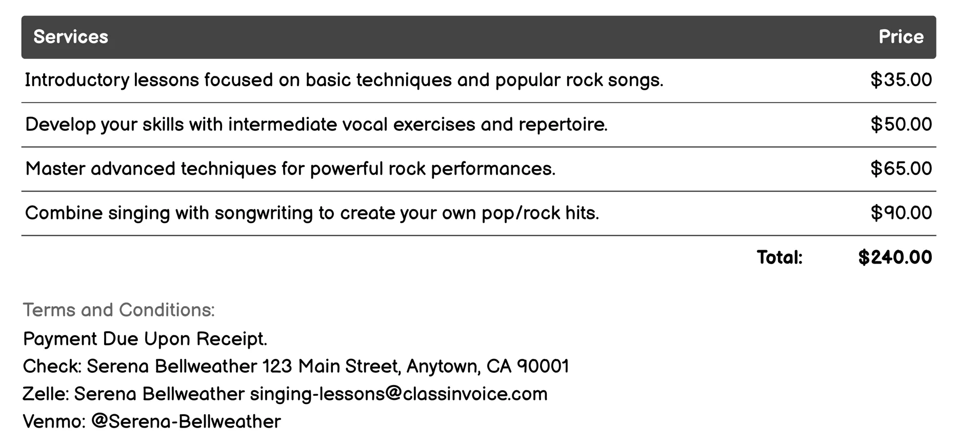 Pop/Rock Singing Lessons Invoice Example
