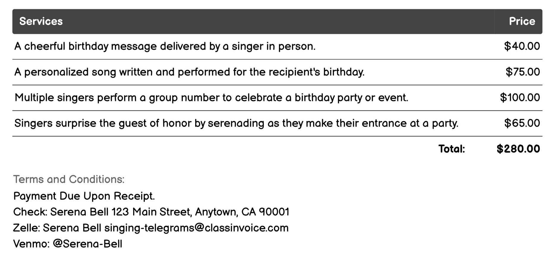 Birthday Singing Telegram Invoice Example