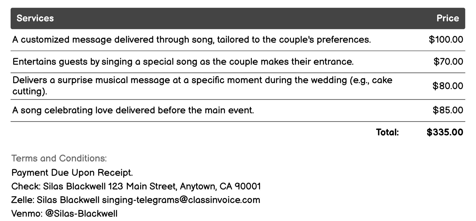 Wedding Singing Telegram Invoice Example