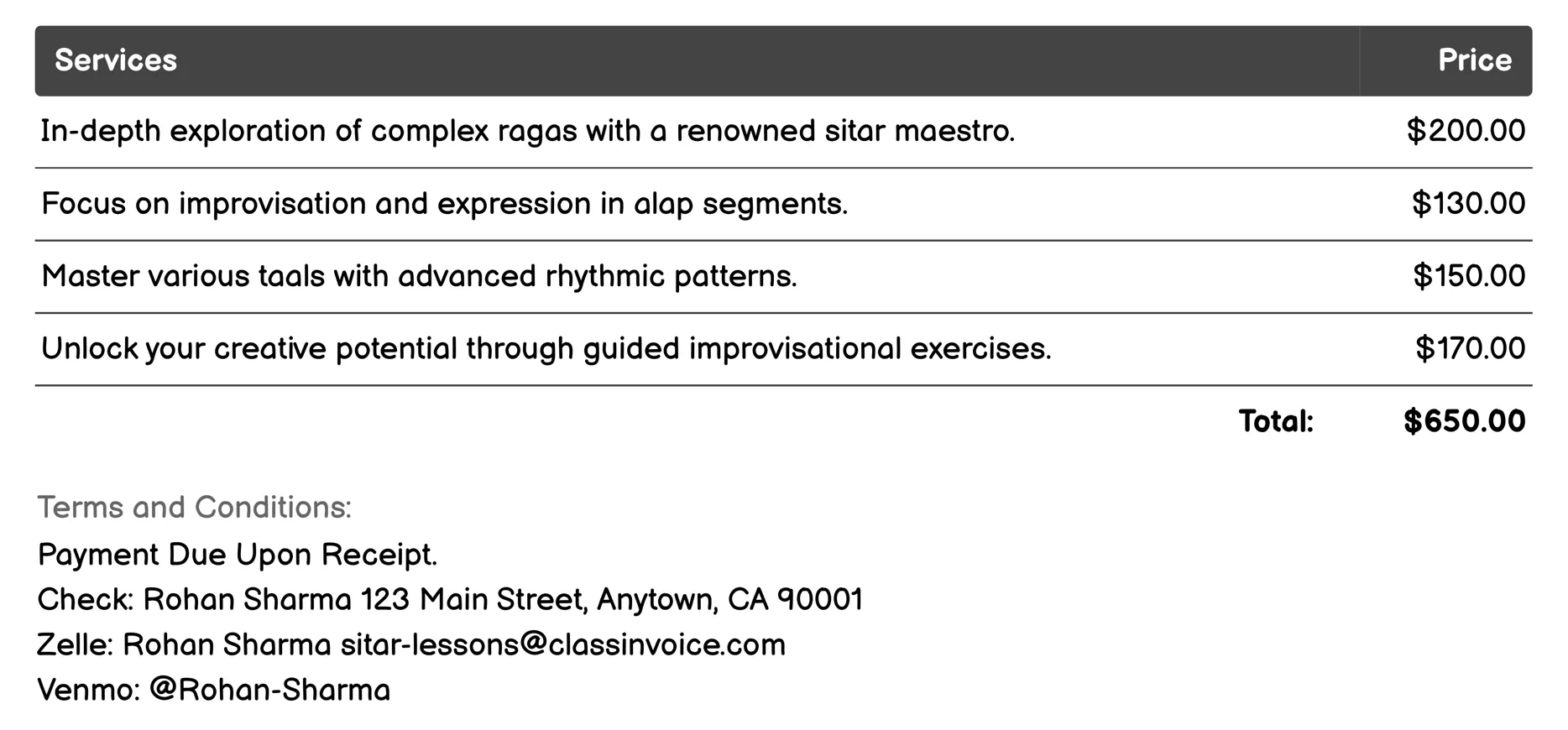 Advanced Sitar Workshops Invoice Example