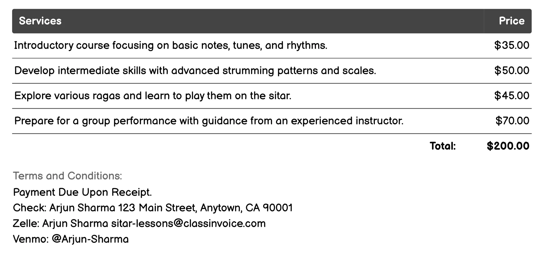 Group Sitar Classes Invoice Example
