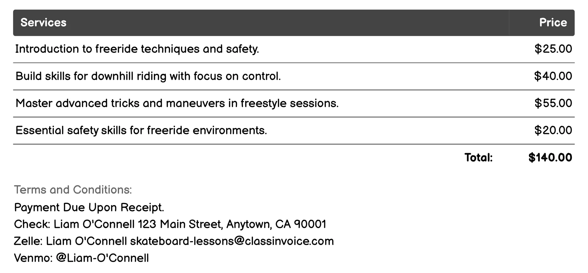 Freeride and Downhill Lessons Invoice Example