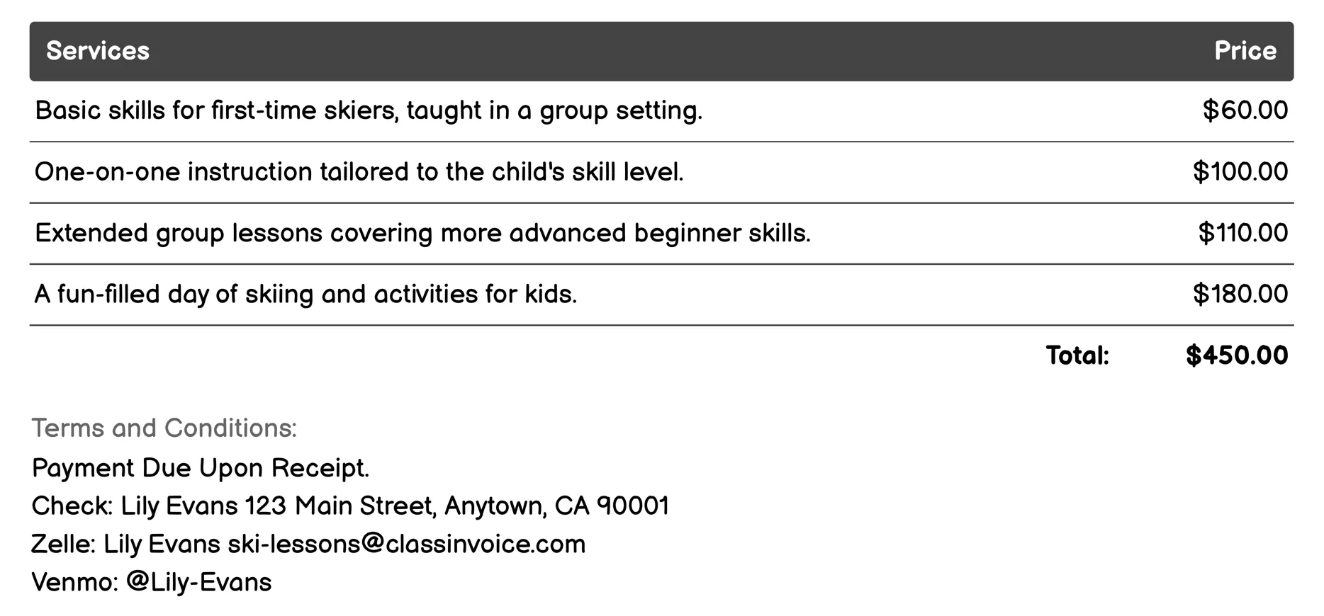 Kids Ski Lessons Invoice Example