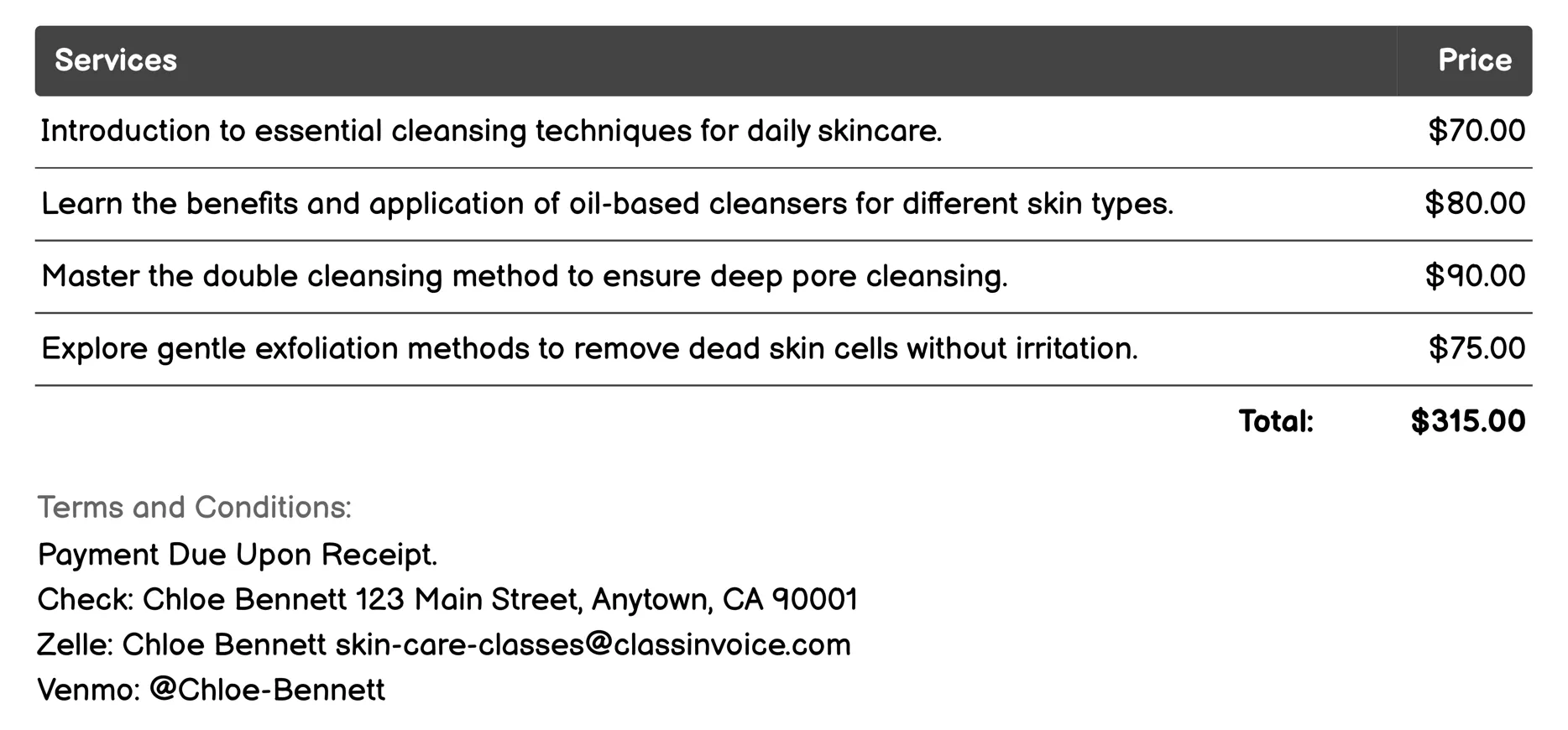Facial Cleansing Class Invoice Example