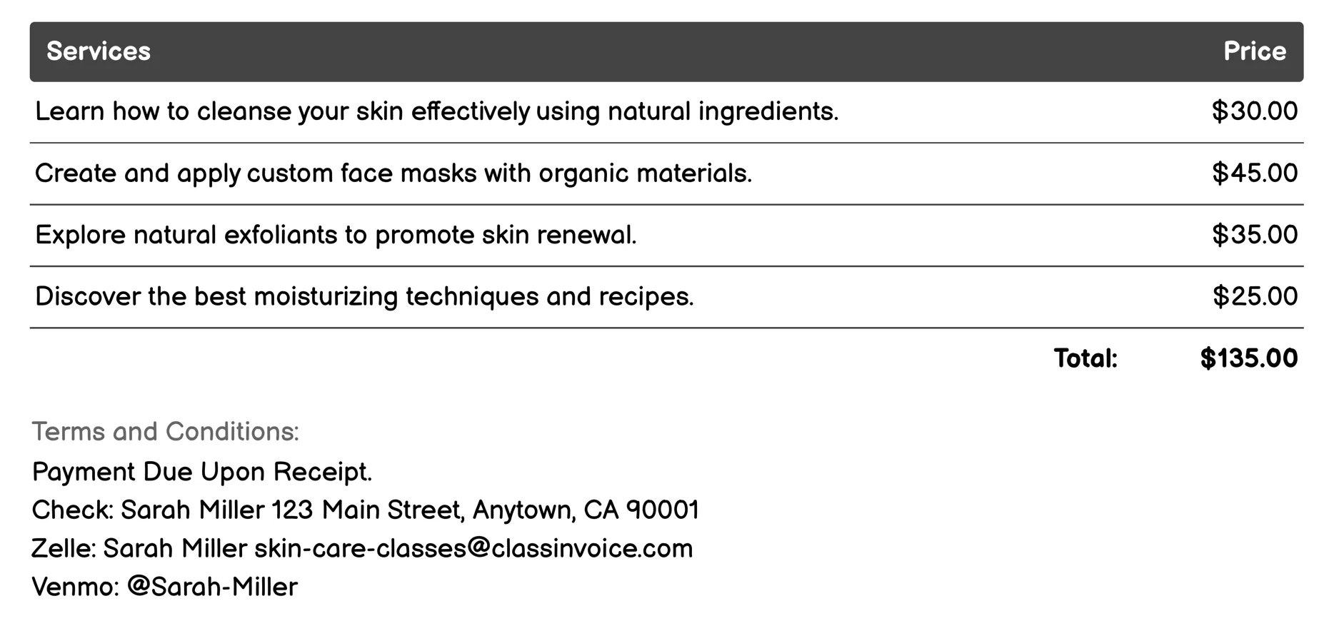Natural Skin Care Remedies Class Invoice Example