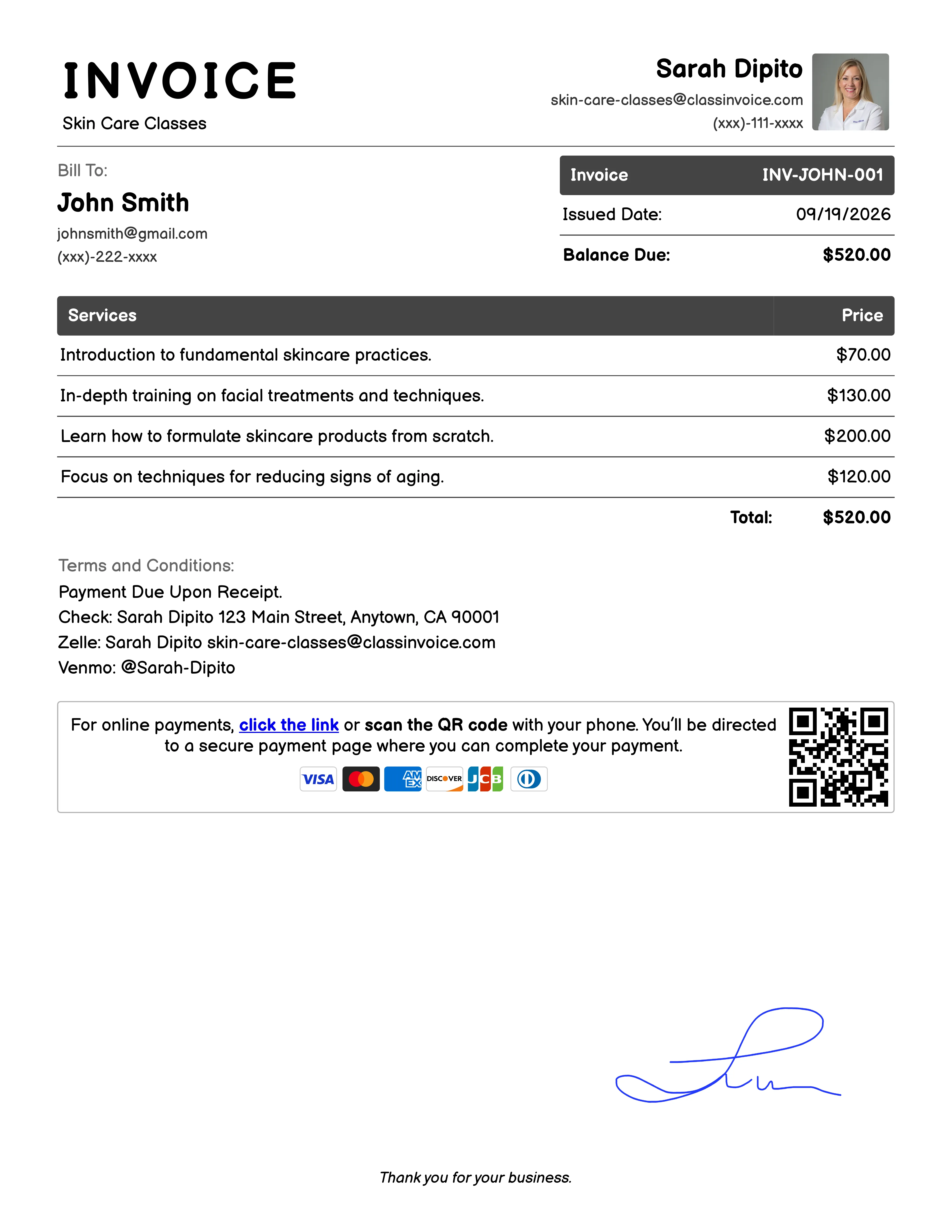 Skin Care Classes Invoice Example