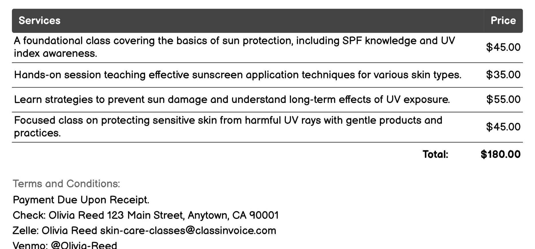 Sun Protection Strategies Class Invoice Example