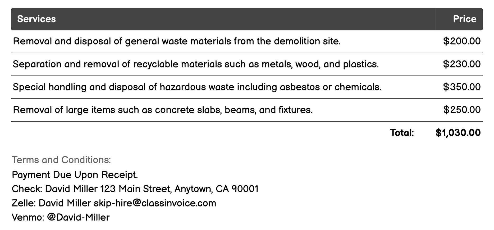 Demolition Site Clearance Invoice Example