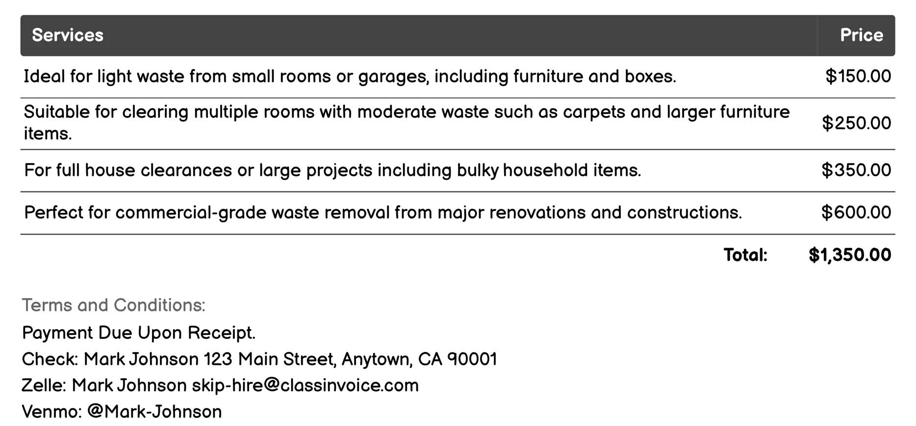 House Clearances Invoice Example