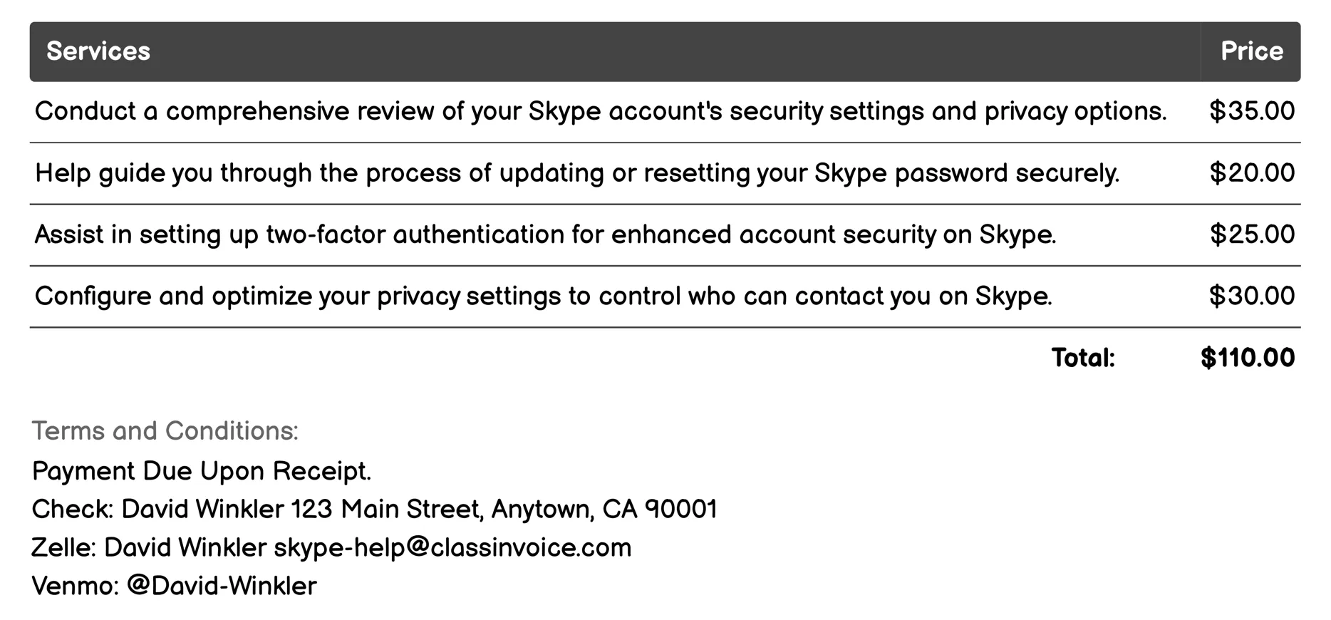 Security and Privacy Invoice Example