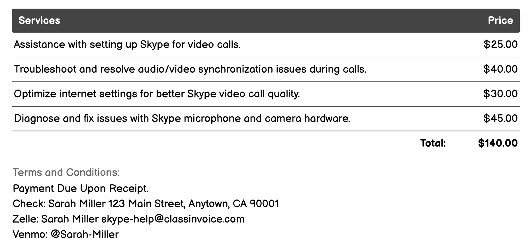 Video Call Troubleshooting Invoice Example