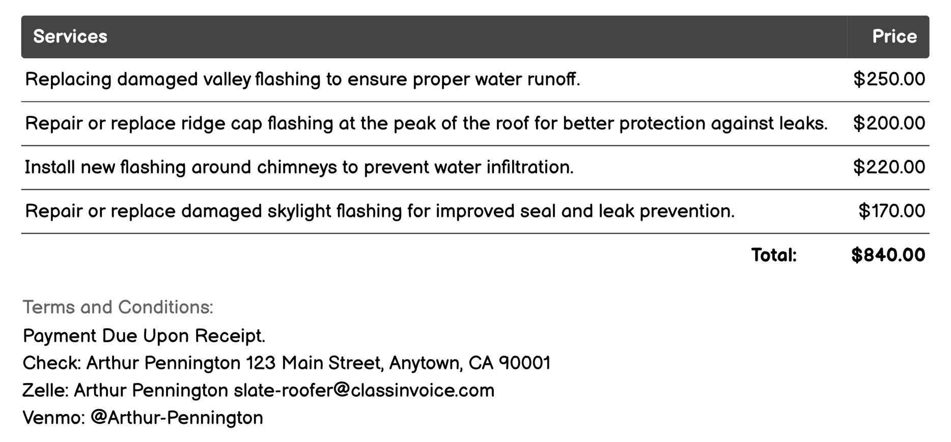 Flashing Repair Invoice Example
