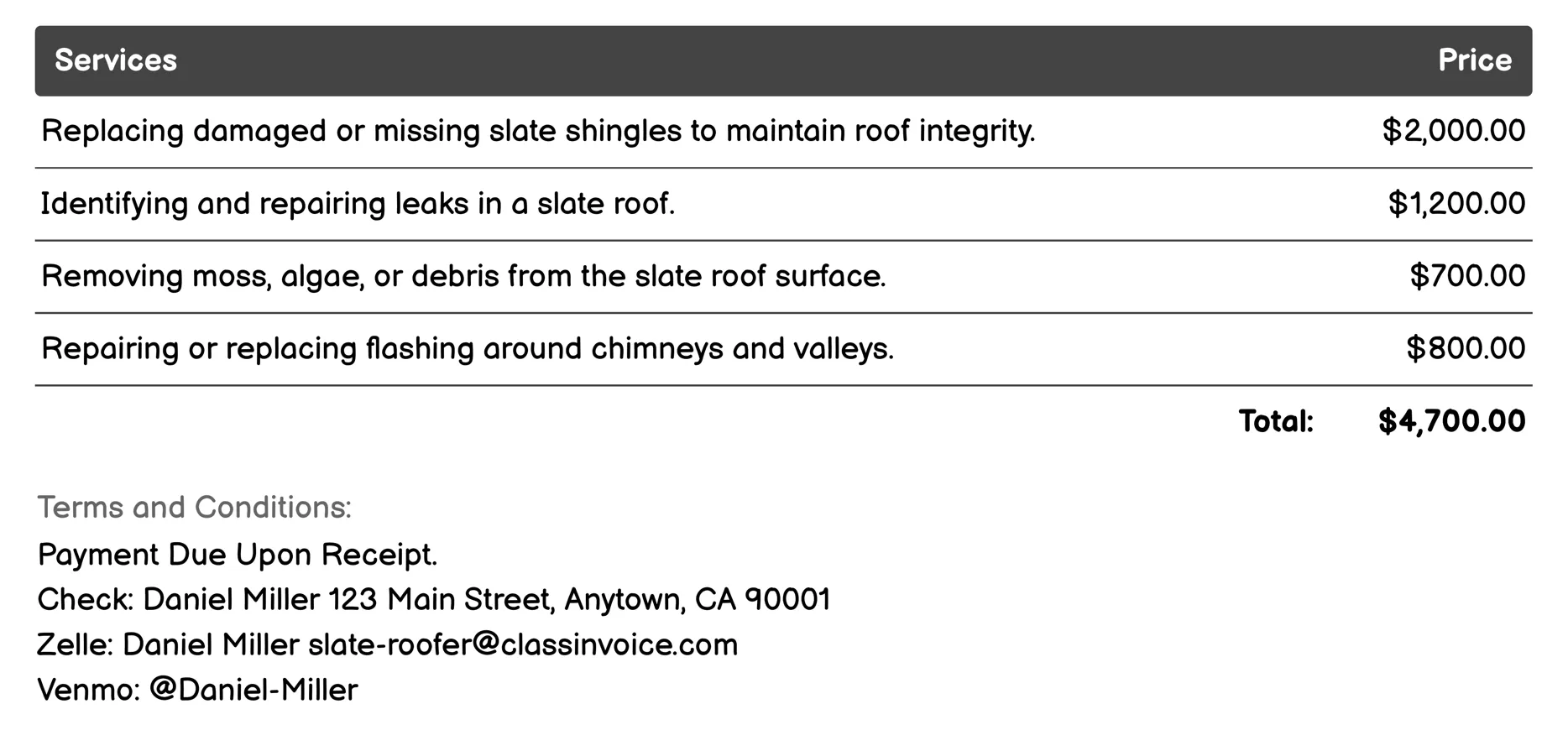 Roof Repair and Maintenance Invoice Example