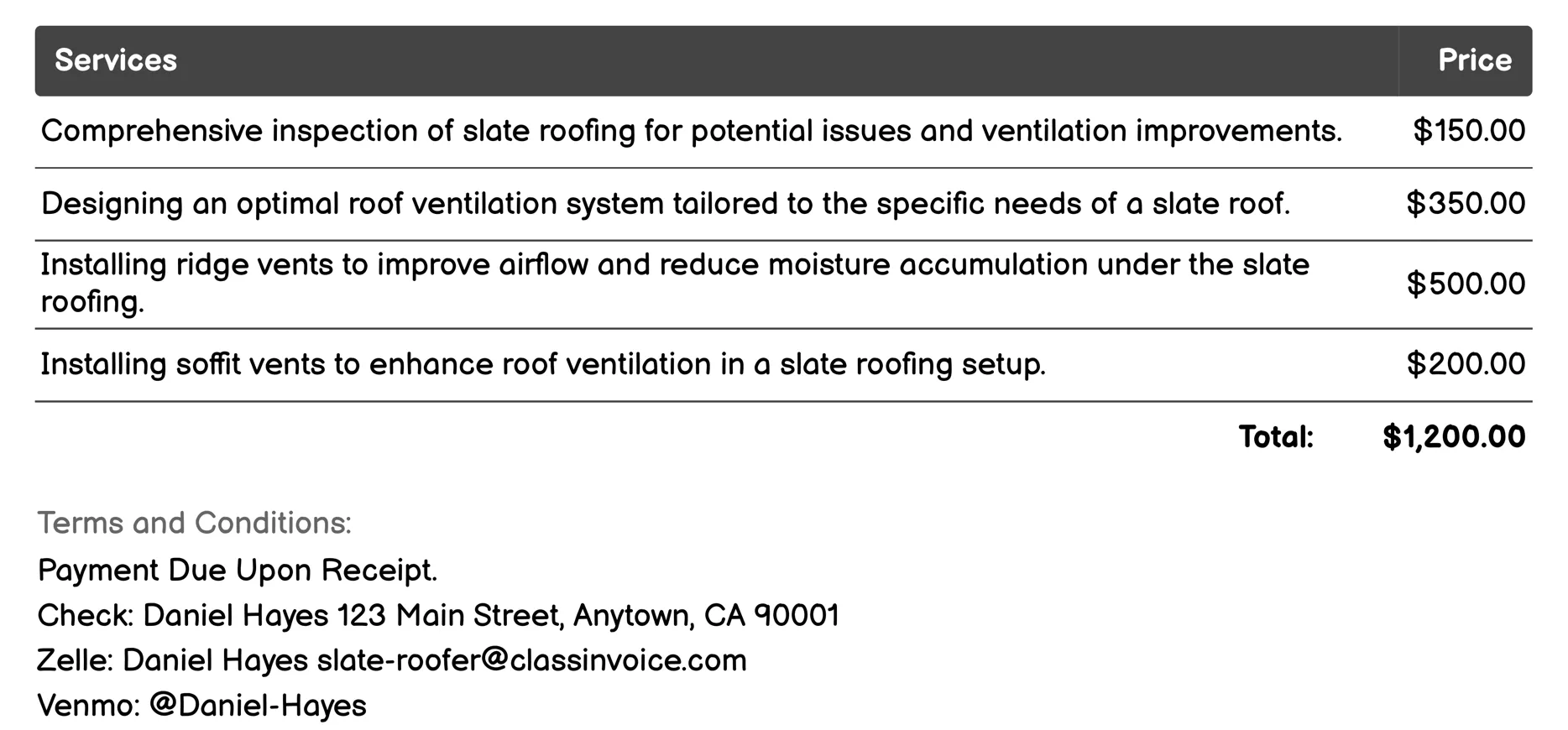 Roof Ventilation Solutions Invoice Example