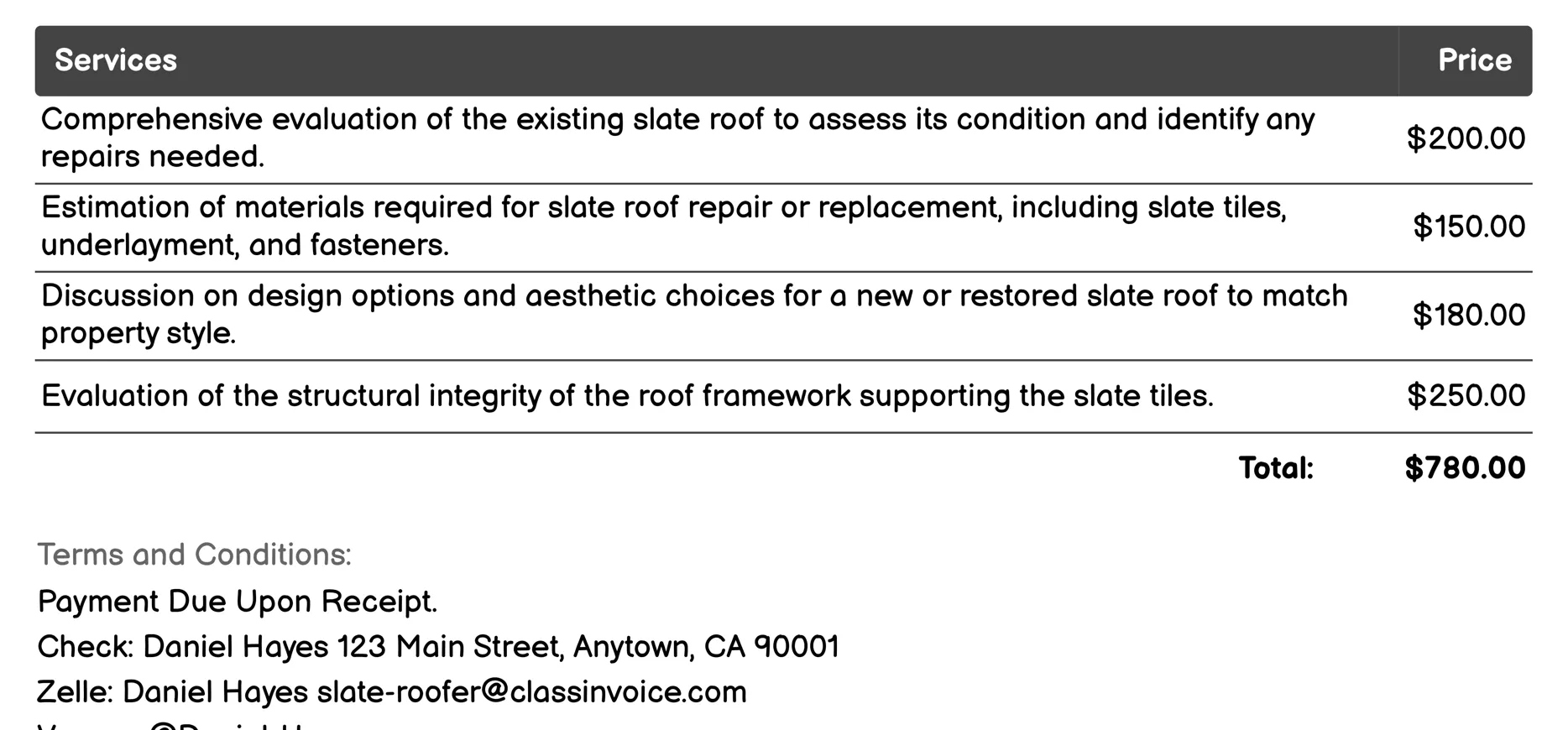 Roofing Consultation Services Invoice Example