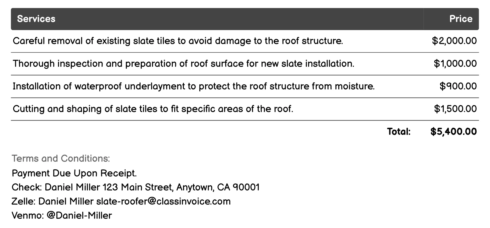 Slate Roof Installation Invoice Example