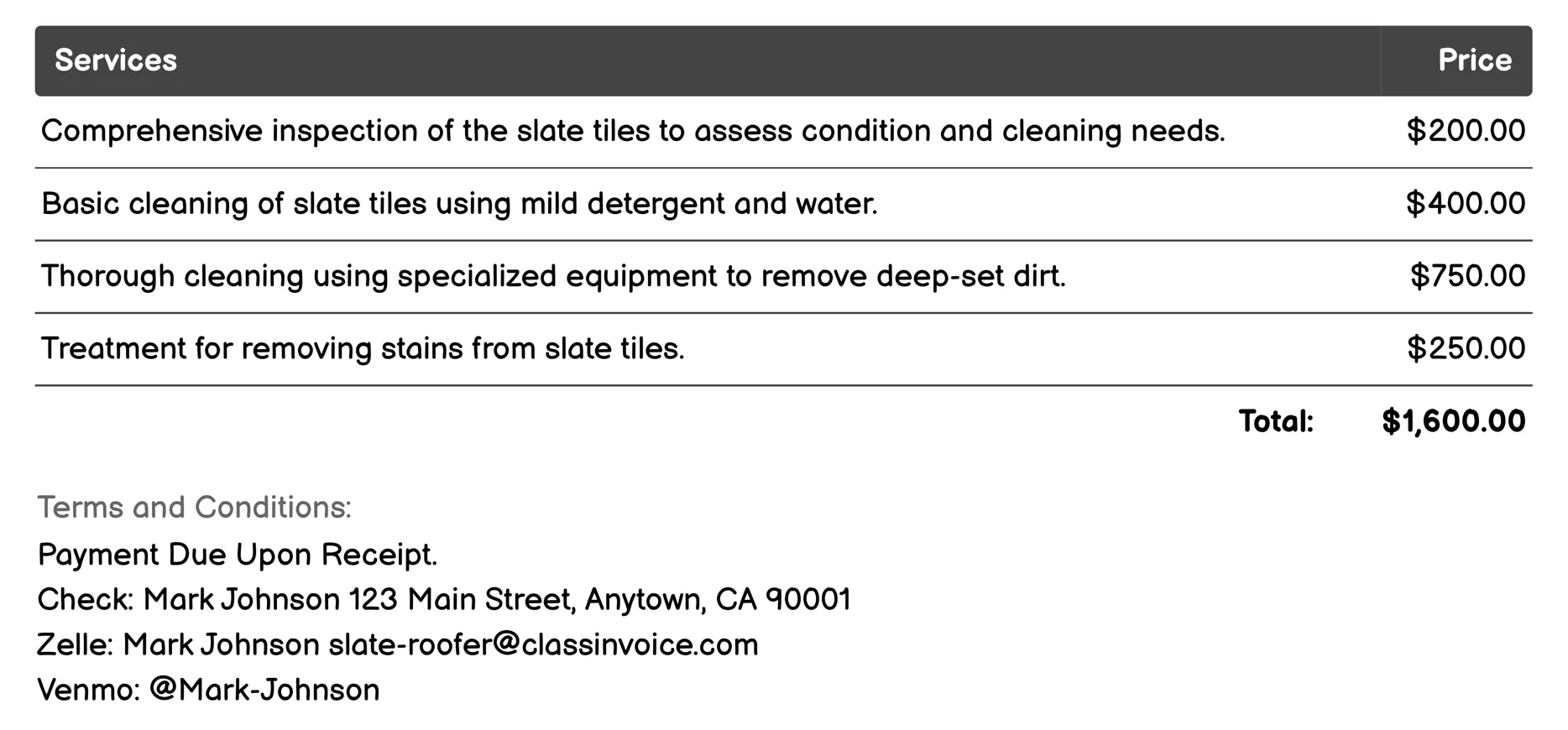 Slate Tile Cleaning Invoice Example