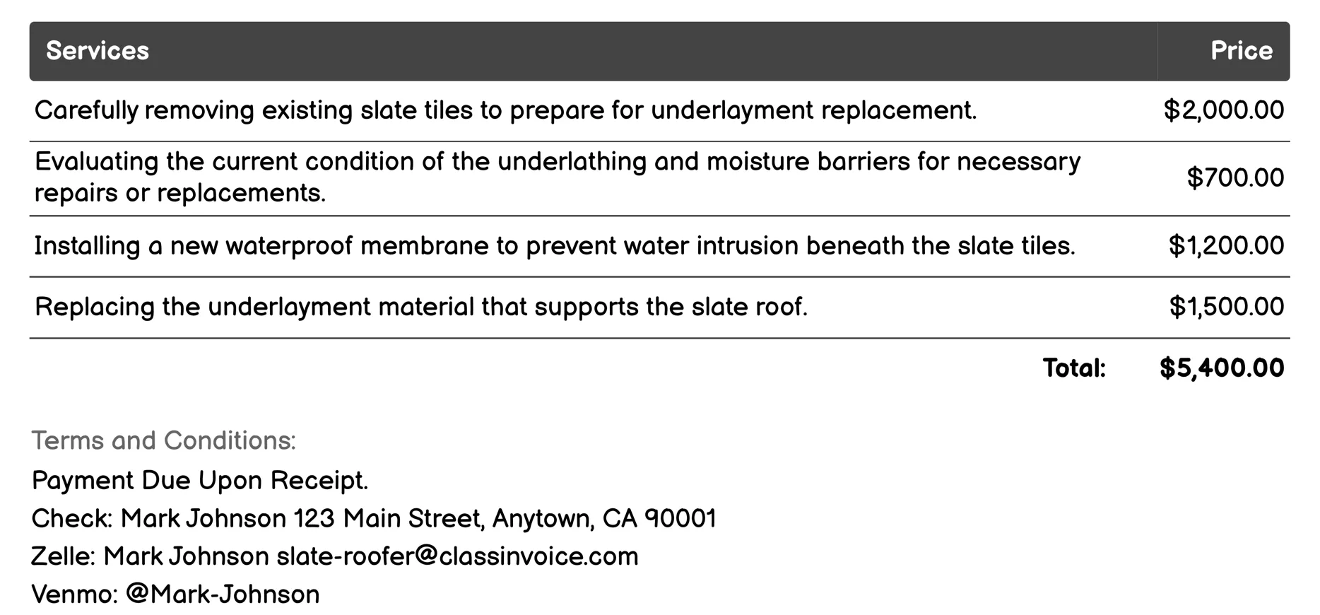 Underlayment Replacement Invoice Example