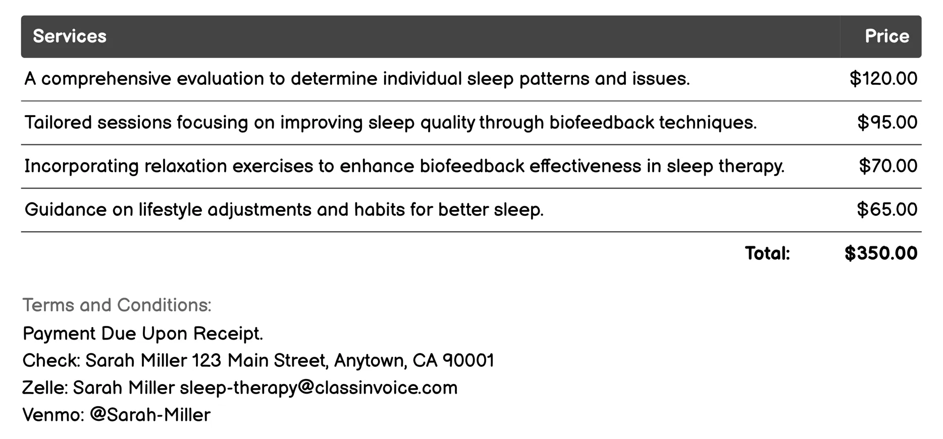Biofeedback Invoice Example