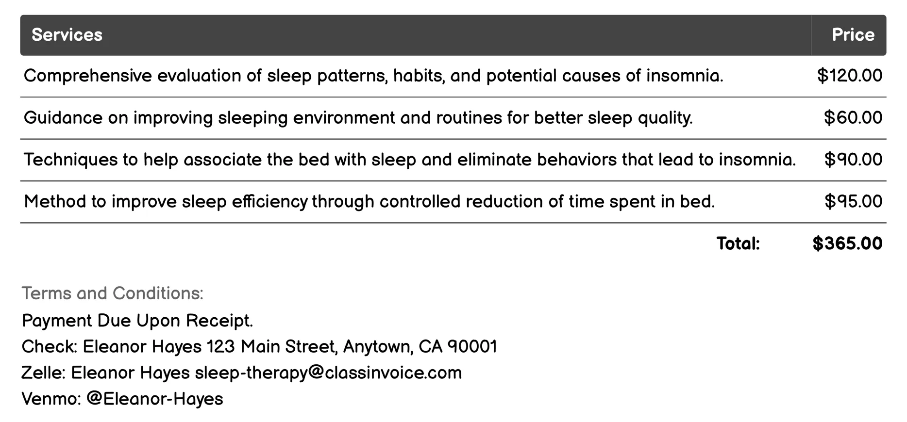 Cognitive Behavioral Therapy for Insomnia (CBT-I) Invoice Example