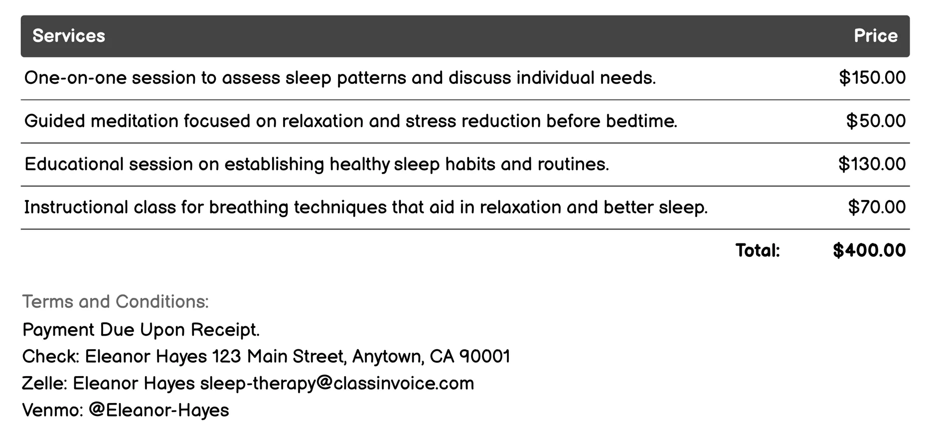 Mindfulness-Based Stress Reduction (MBSR) Invoice Example