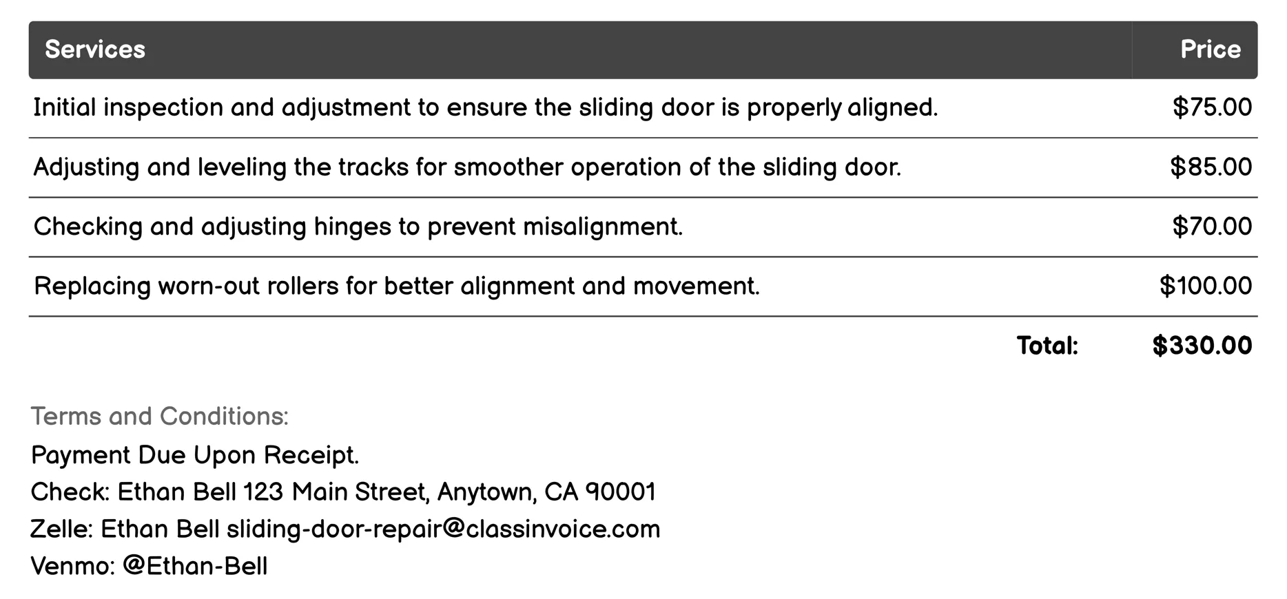 Door Alignment Adjustment Invoice Example