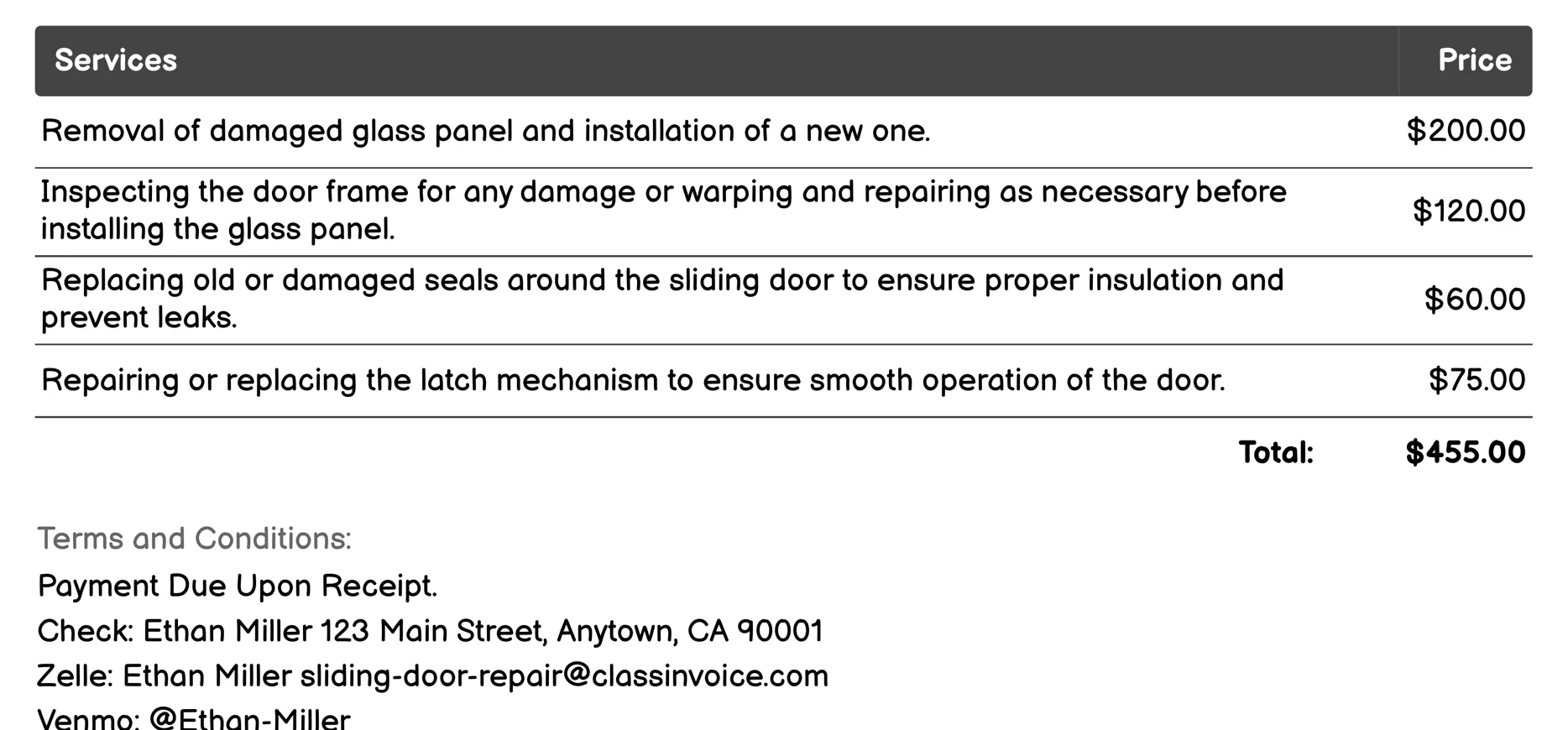Glass Panel Replacement Invoice Example