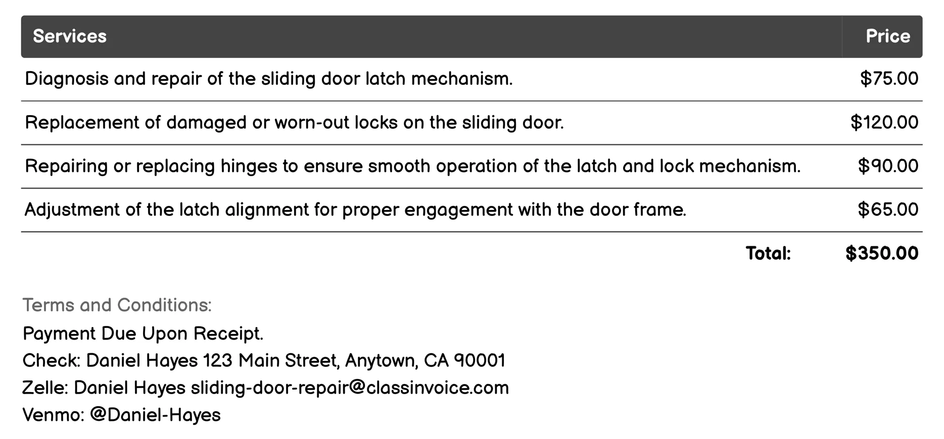 Latch and Lock Mechanism Repair Invoice Example