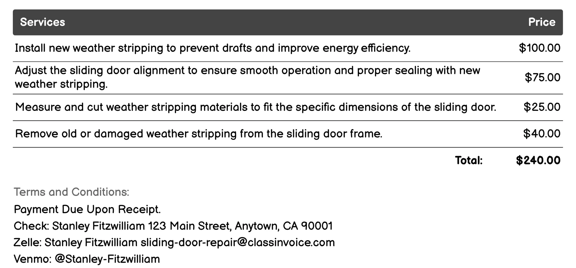 Weather Stripping Installation Invoice Example