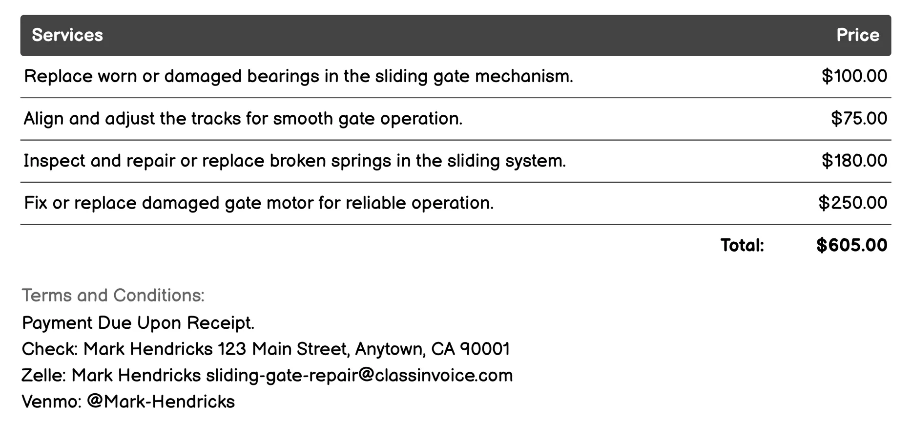Gate Panel Repair Invoice Example