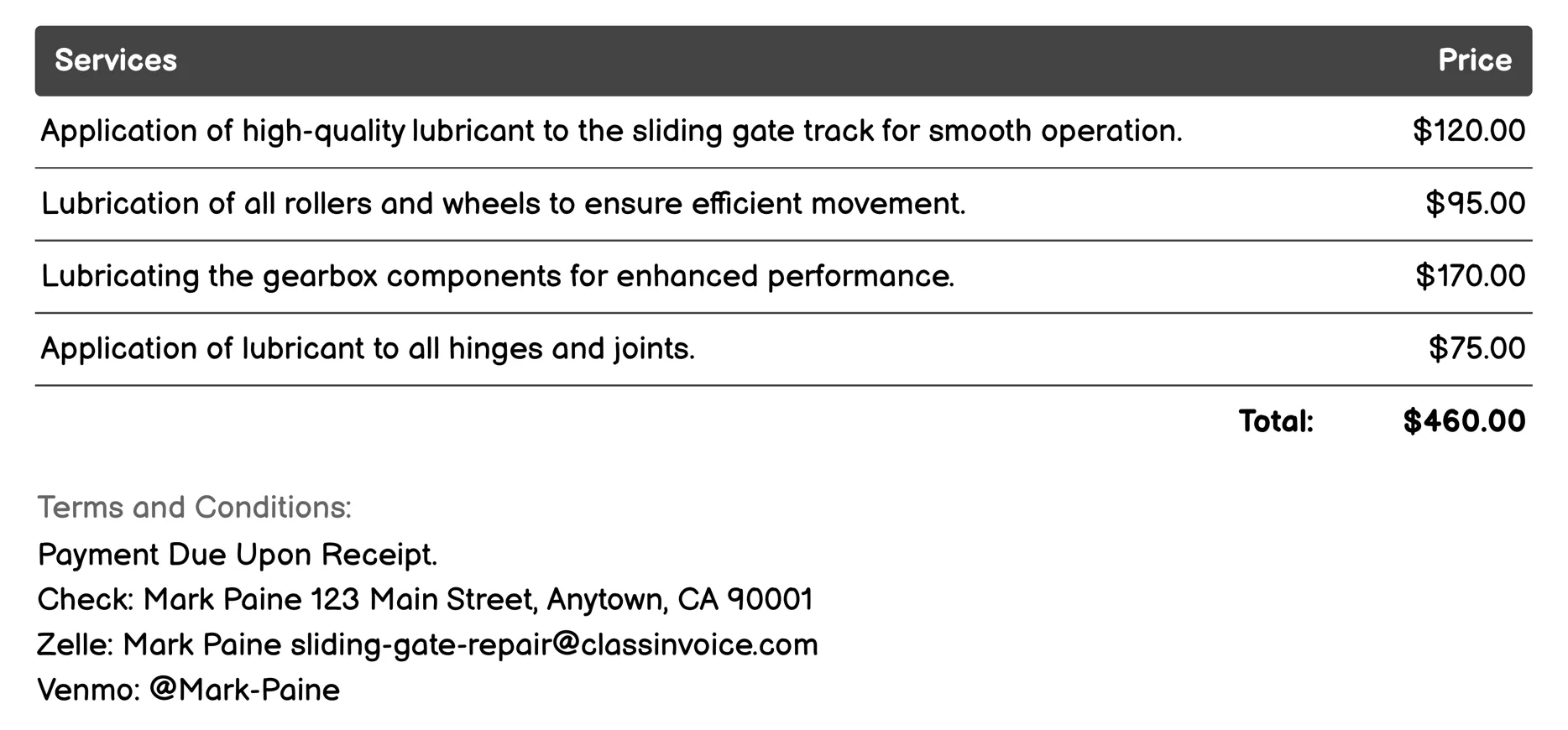 Lubrication Service Invoice Example