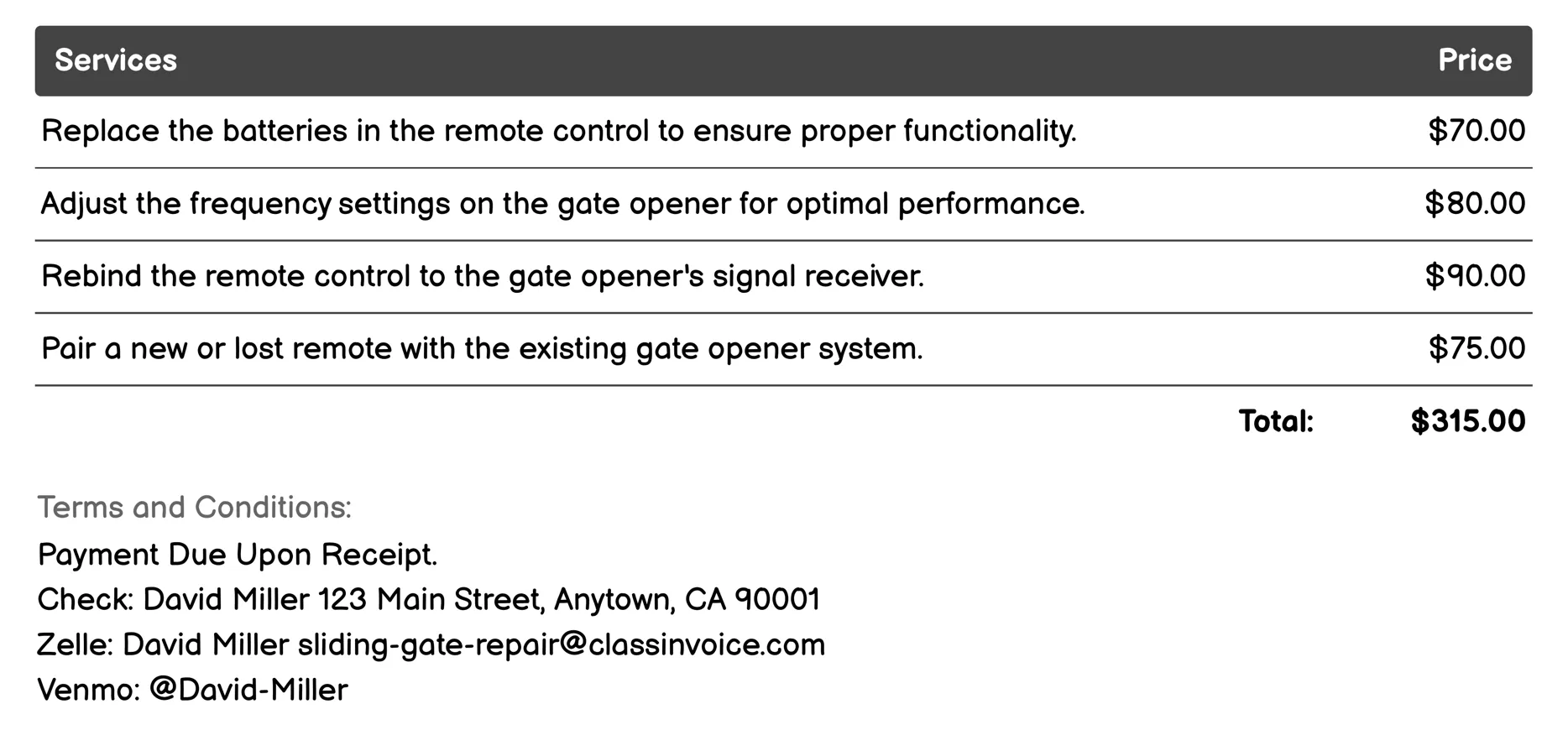 Remote Control Reprogramming Invoice Example