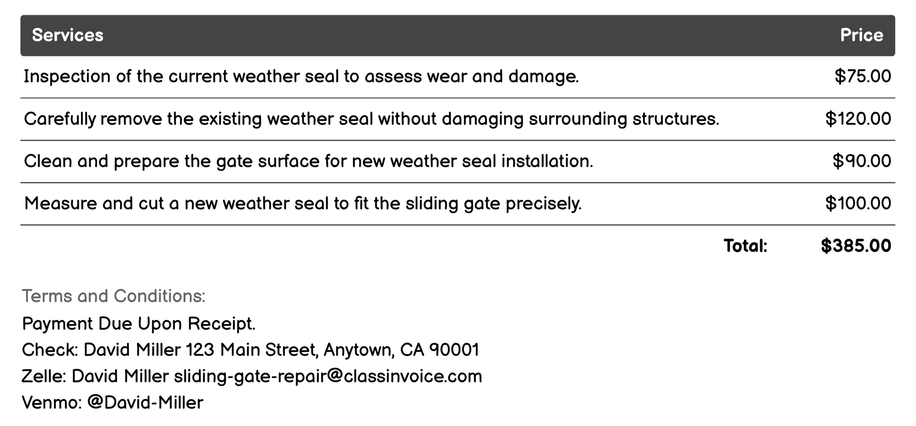 Weather Seal Replacement Invoice Example