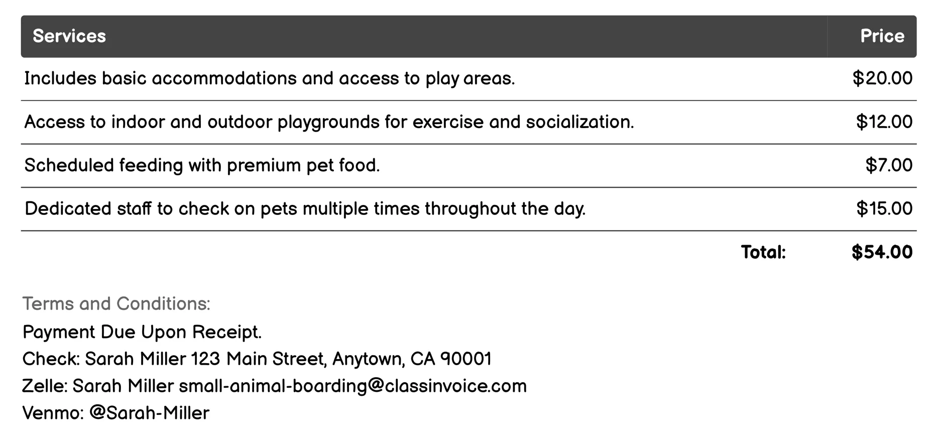 Day Boarding Services Invoice Example