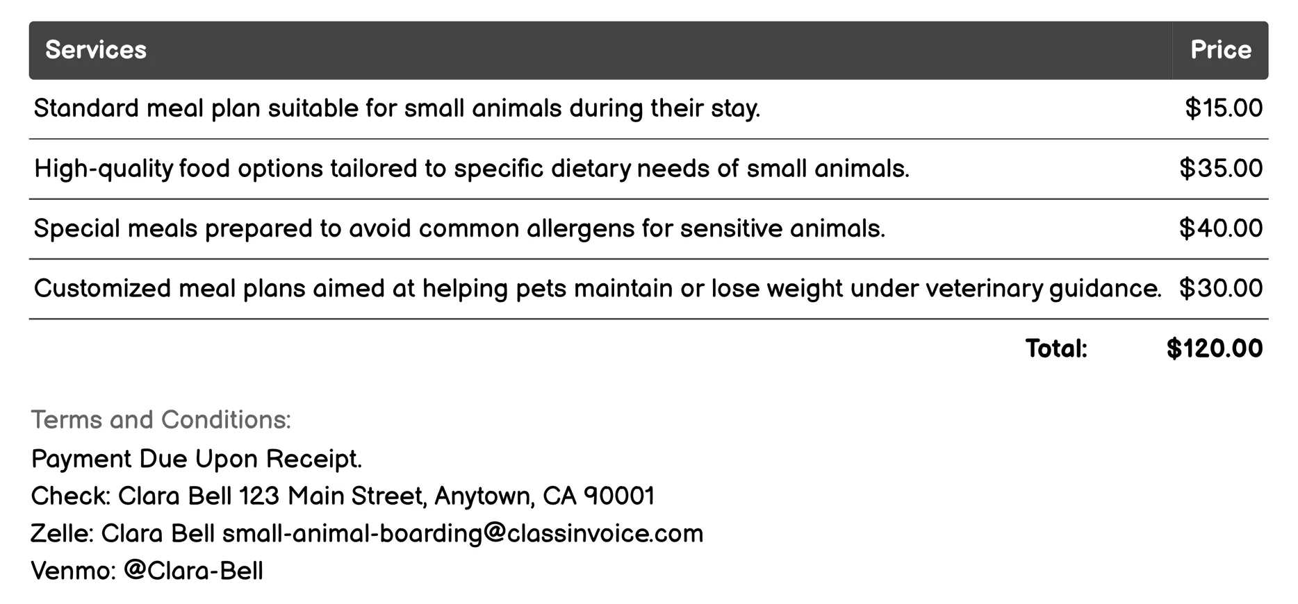 Dietary Accommodation Invoice Example