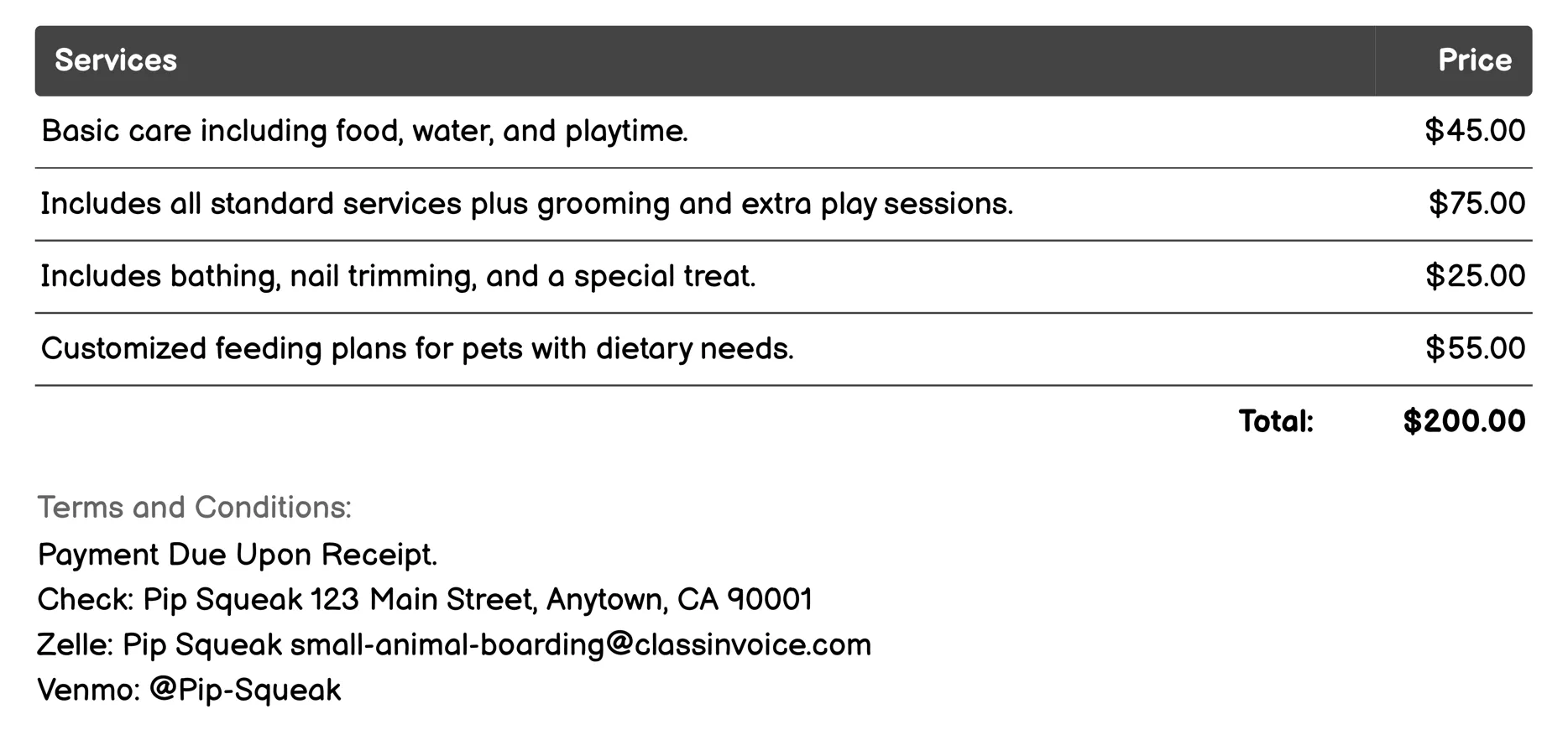 Holiday Specials Invoice Example