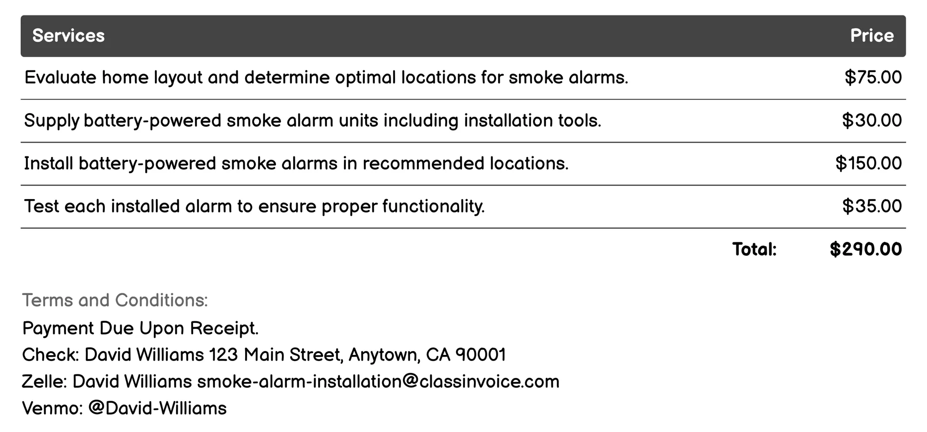 Battery-Powered Smoke Alarm Installation Invoice Example
