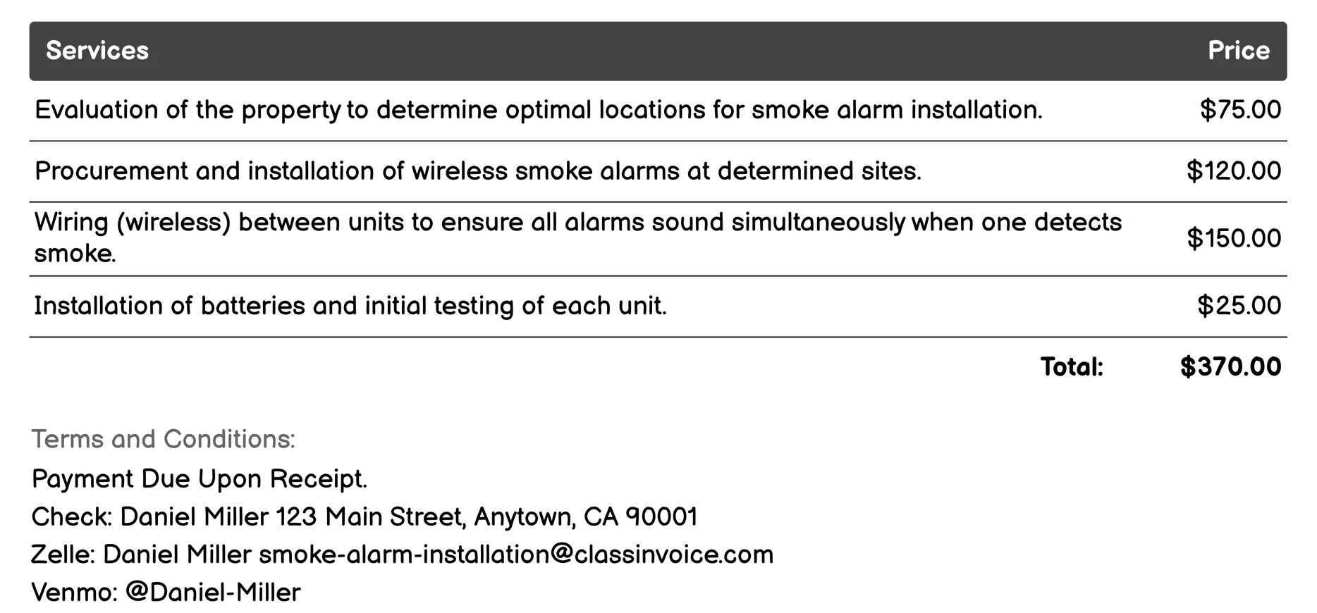 Wireless Smoke Alarm Installation Invoice Example