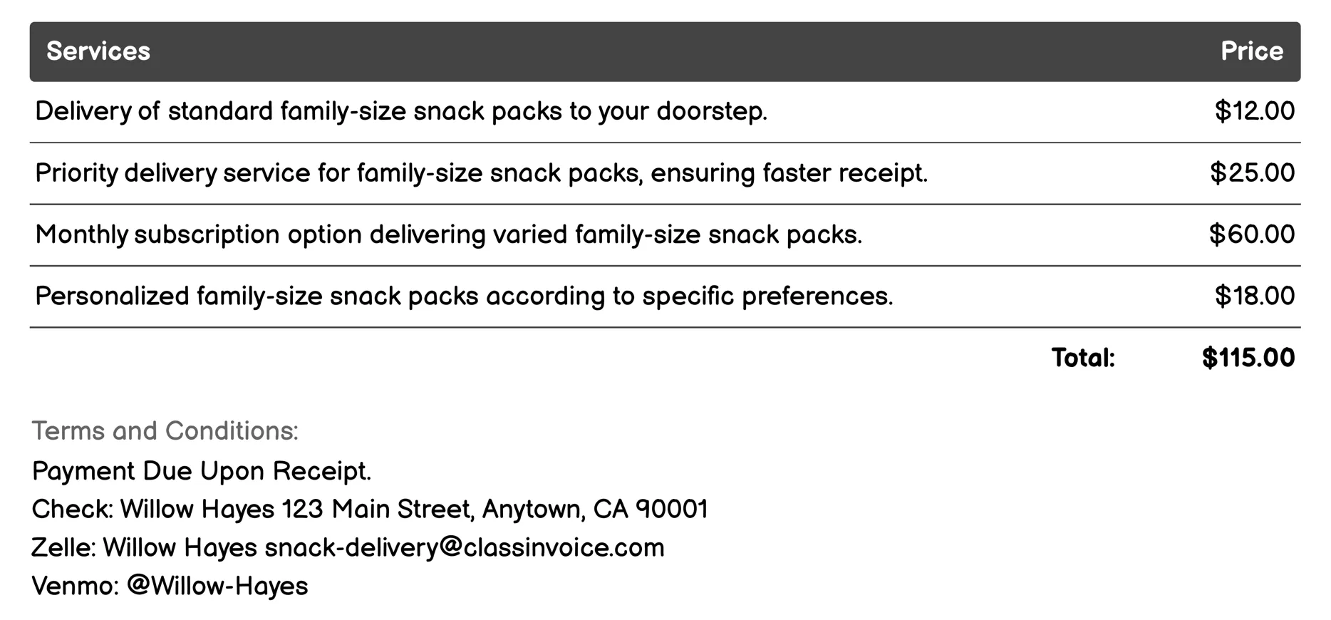 Family-Size Snack Packs Invoice Example