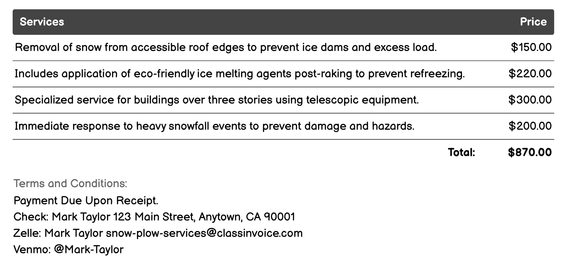 Roof Rake Services Invoice Example