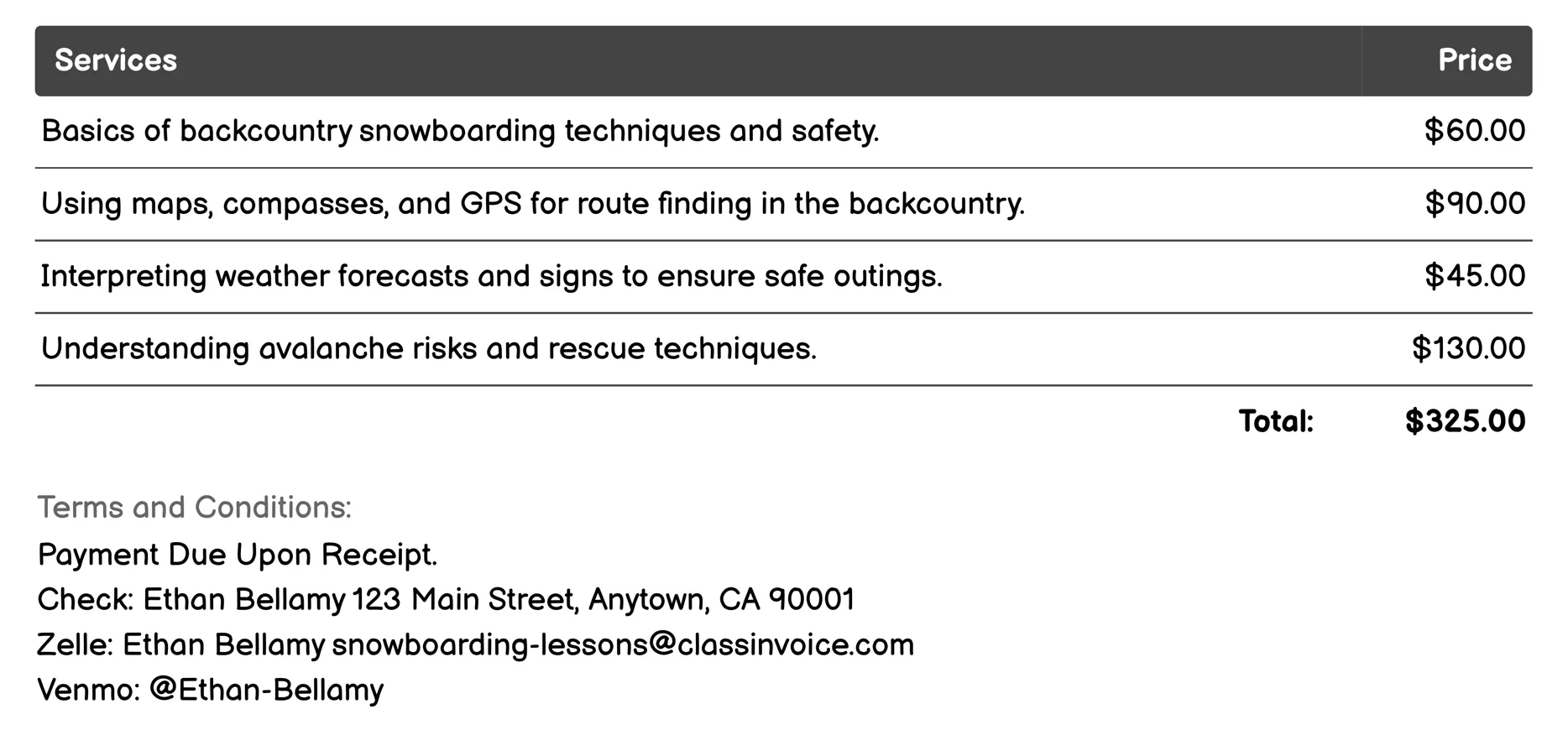 Backcountry Snowboarding Safety Courses Invoice Example