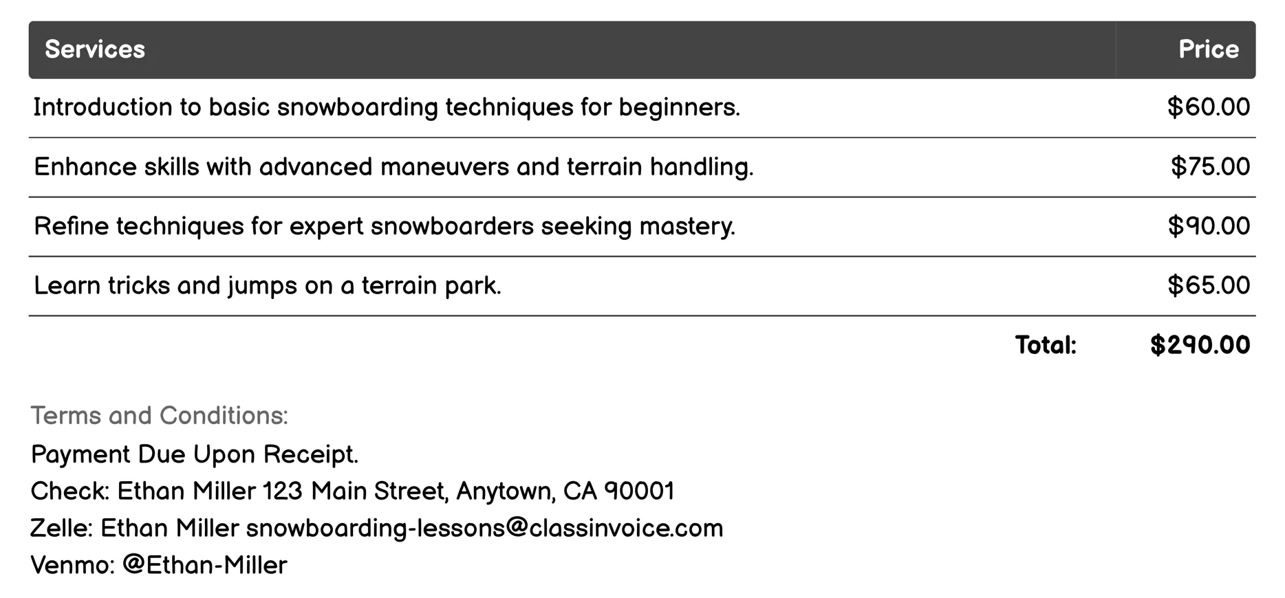Group Snowboarding Lessons Invoice Example