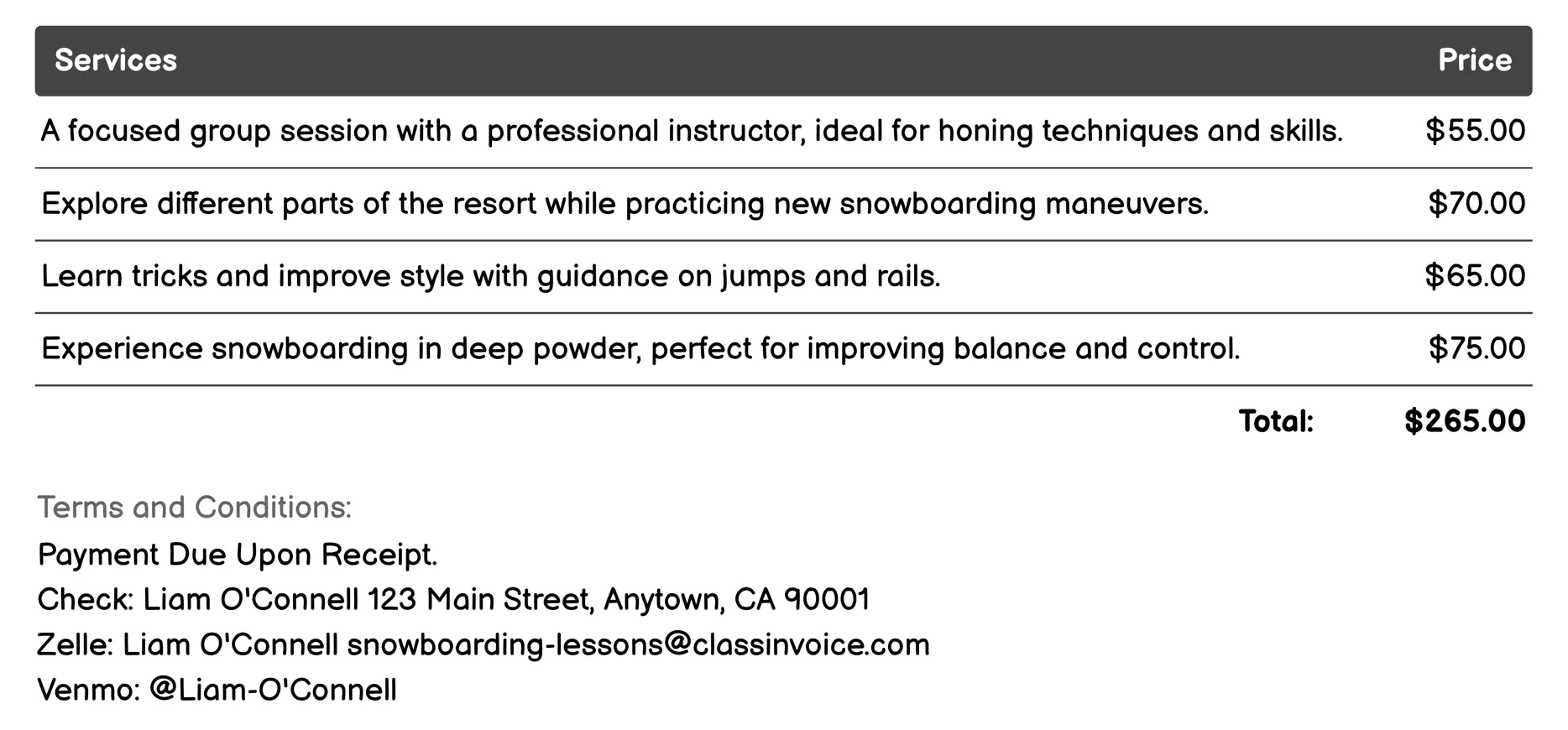 Intermediate Snowboarding Lessons Invoice Example