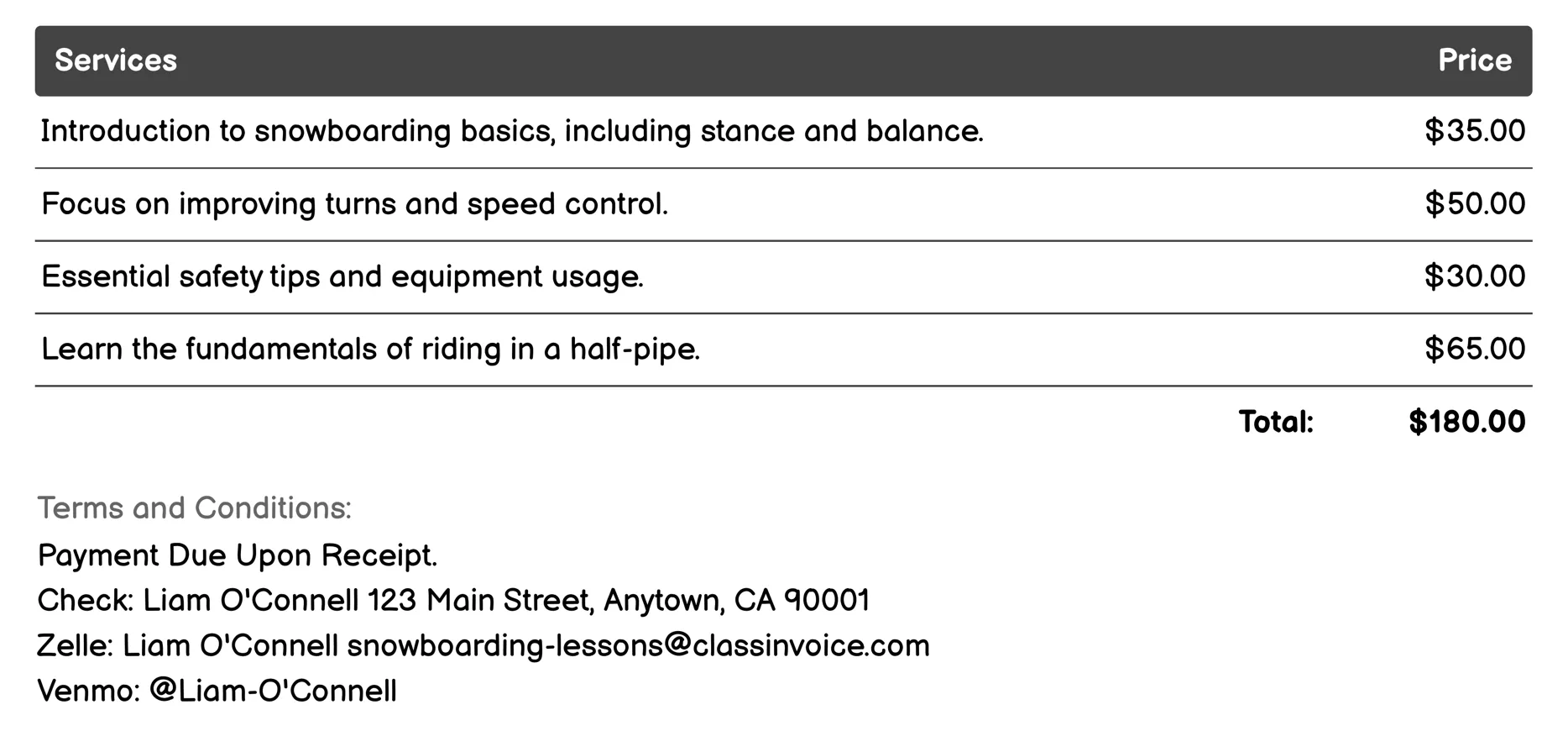 Kids Snowboarding Lessons Invoice Example